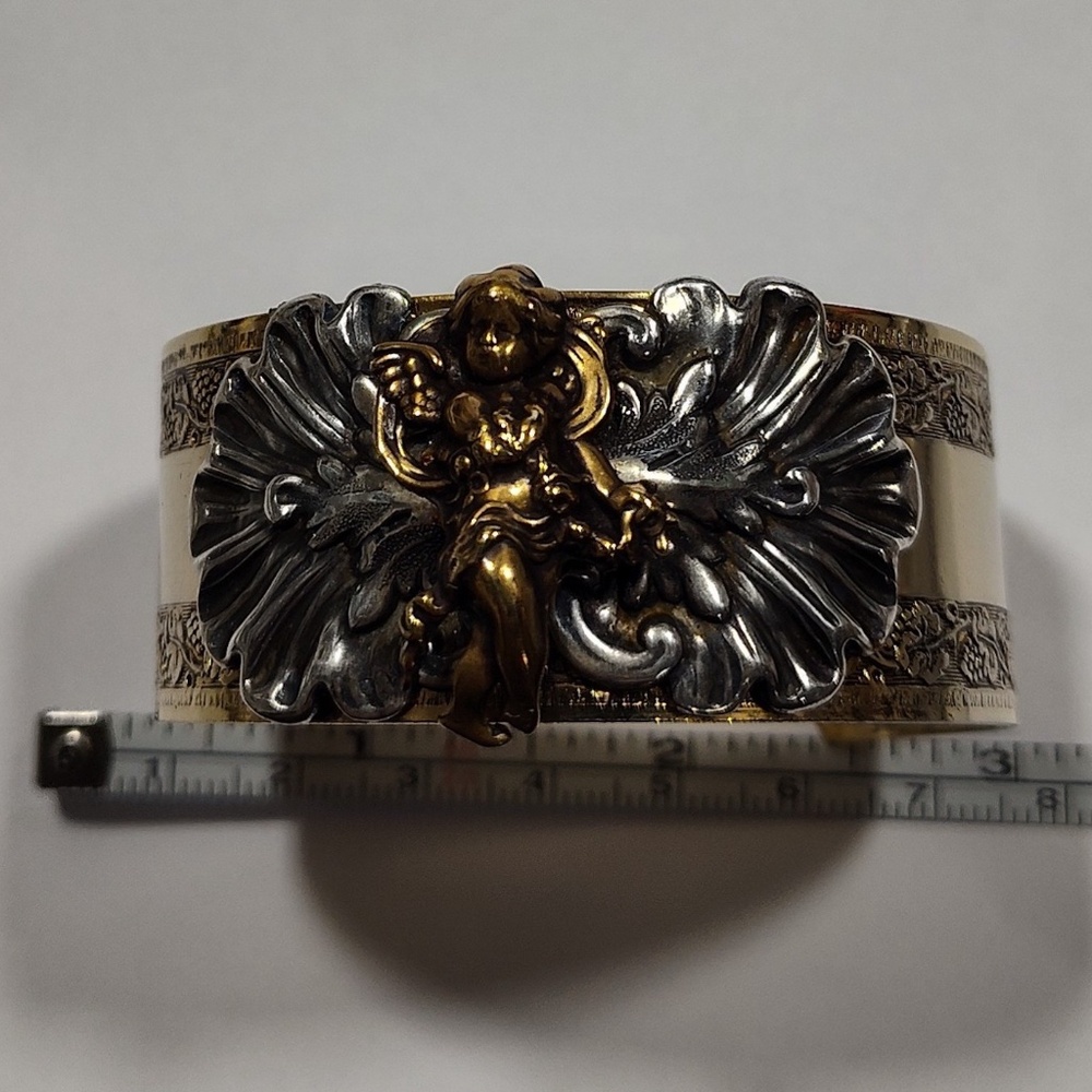 Vintage Sonja Lea Gold, Silver and Brass Tone Cherub Wide Cuff Ornate Bracelet